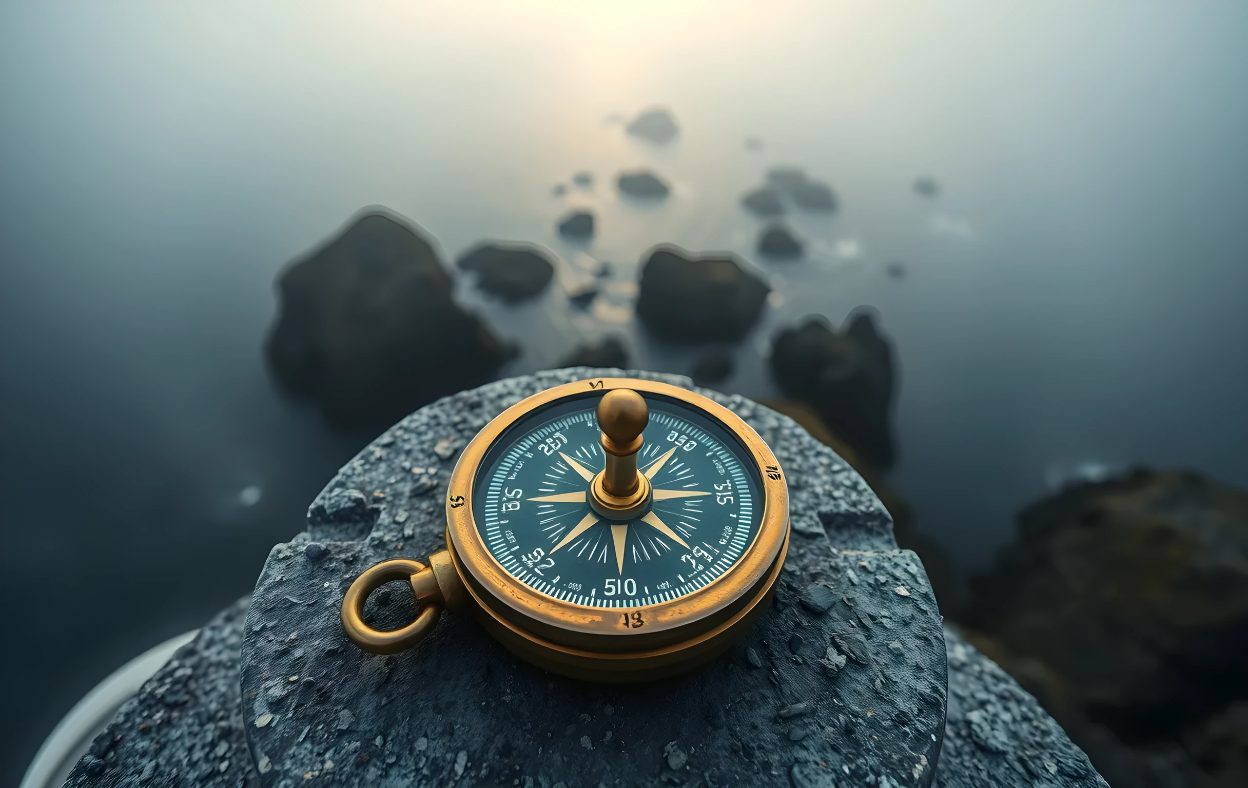 A weathered brass compass resting flat on a rough granite lighthouse ledge at dawn, its needle steady and pointed, thick silver sea fog rolling through narrow rocky channels in the far distance, the entire wide scene bathed in pale golden morning light with deep blue-grey shadows under the headland