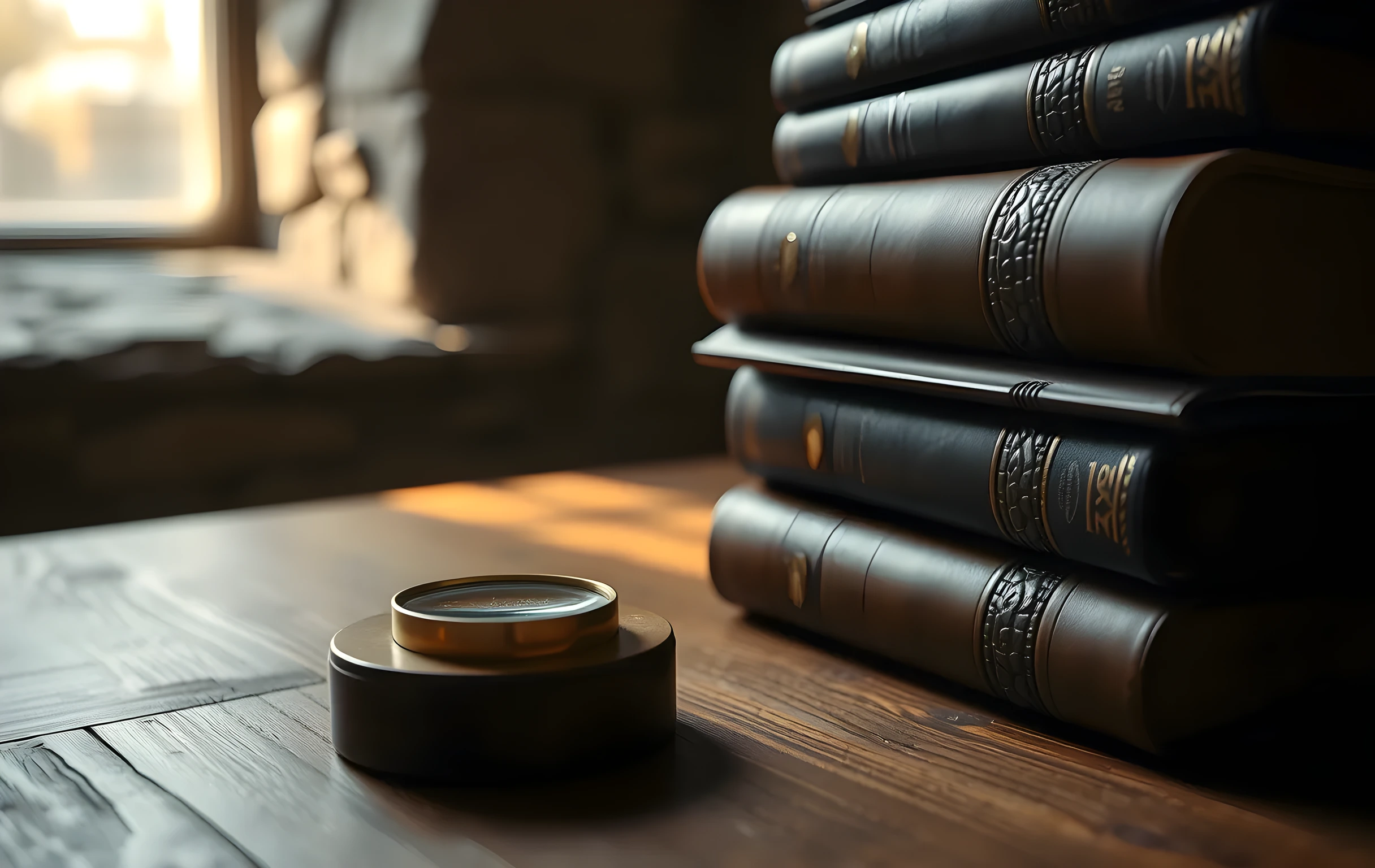 A small polished brass magnifying glass set into a warm dark-wood reading stand, its lens catching a thin shaft of amber window light and throwing a bright focused circle onto the grain of aged oak beneath, beside it a thick stack of hand-bound leather folios with embossed spines and small brass clasps, all in a quiet stone-walled archive corner with soft shadows